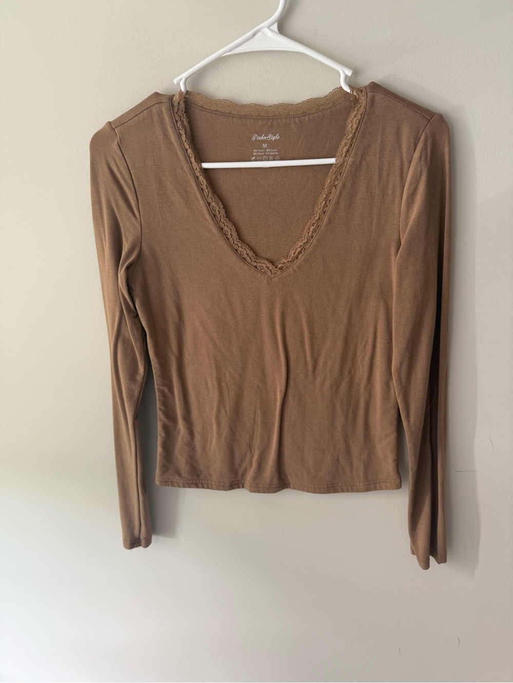 Barely There Lace-Trim V-Neck Long Sleeve Top - Brown